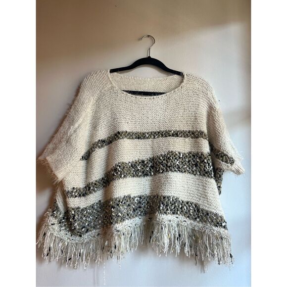 $128 anthropologie moth crew neck metallic fringe poncho sweater oversized m4 - Picture 2 of 3